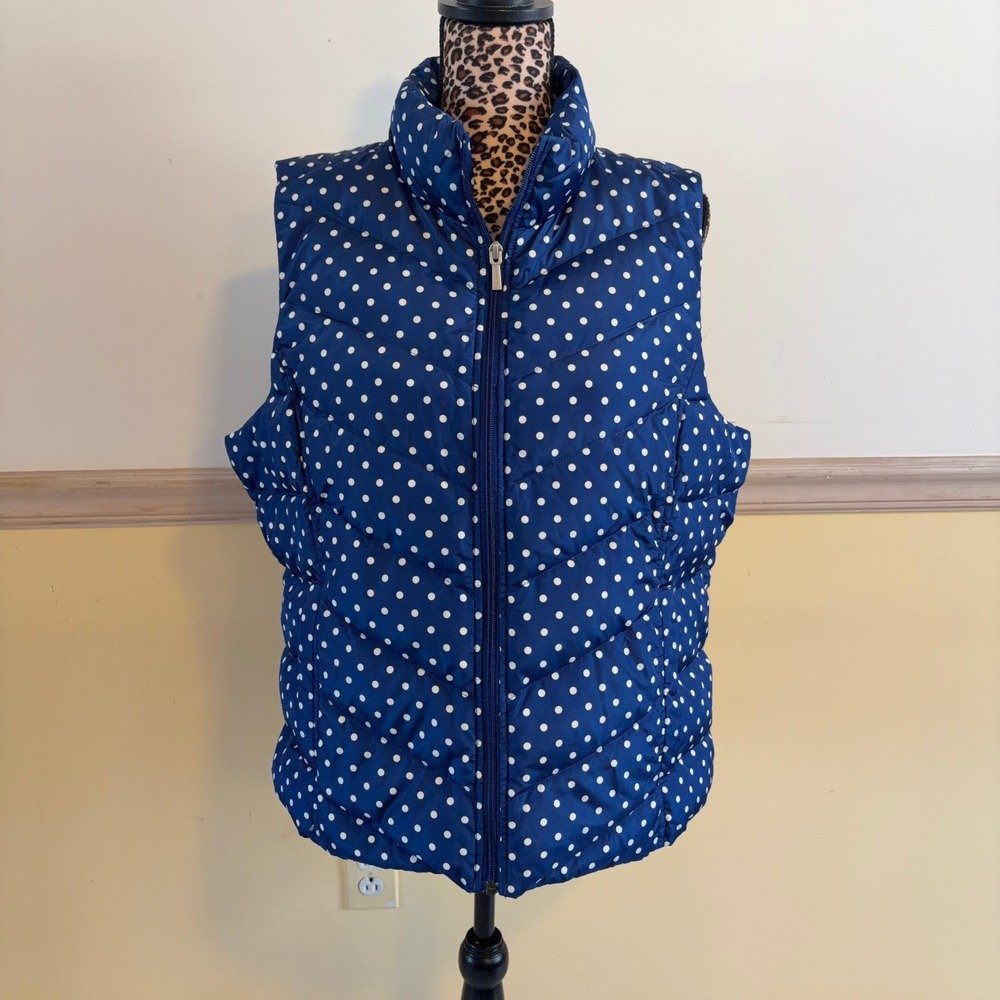 Lands End Womens XL‎ 18 Navy Blue Polka Dot Down Puffer Vest Full Zip Quilted